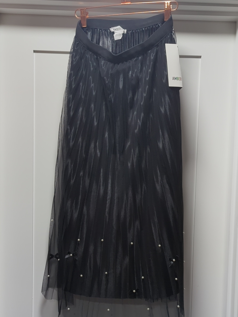 Amber Black Midi Skirt with Pearl Embellishments